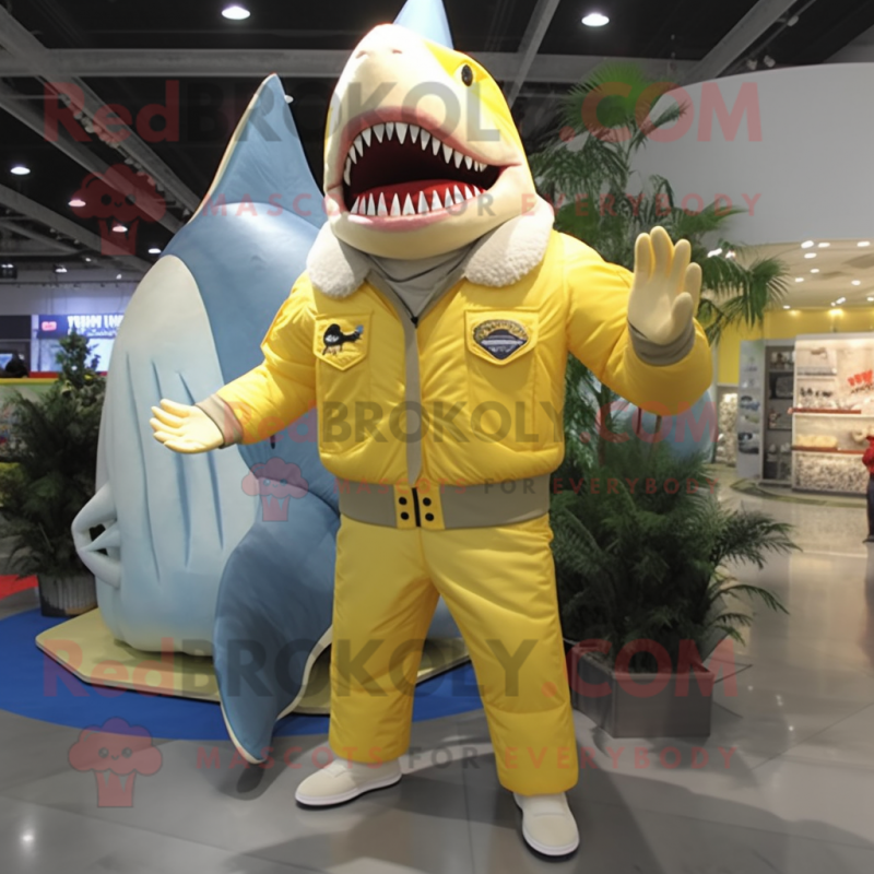 Lemon Yellow Megalodon mascot costume character dressed with a Jacket and Foot pads Lemon Yellow Megalodon mascot costume character dressed with a Jacket and Foot pads