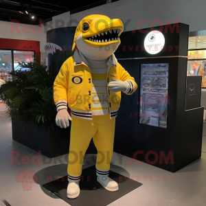 Lemon Yellow Megalodon mascot costume character dressed with a Jacket and Foot pads