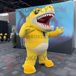 Lemon Yellow Megalodon mascot costume character dressed with a Jacket and Foot pads