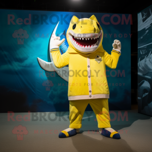 Lemon Yellow Megalodon mascot costume character dressed with a Jacket and Foot pads