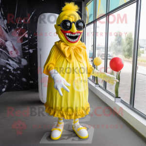 Lemon Yellow Evil Clown mascot costume character dressed with a Midi Dress and Sunglasses