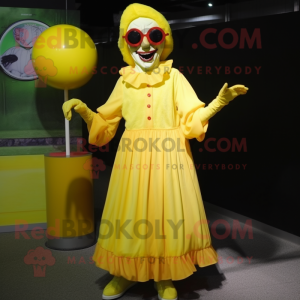 Lemon Yellow Evil Clown mascot costume character dressed with a Midi Dress and Sunglasses