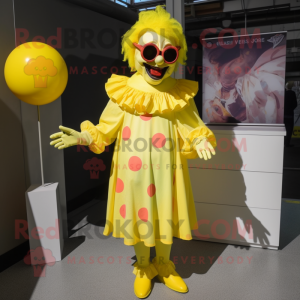 Lemon Yellow Evil Clown mascot costume character dressed with a Midi Dress and Sunglasses
