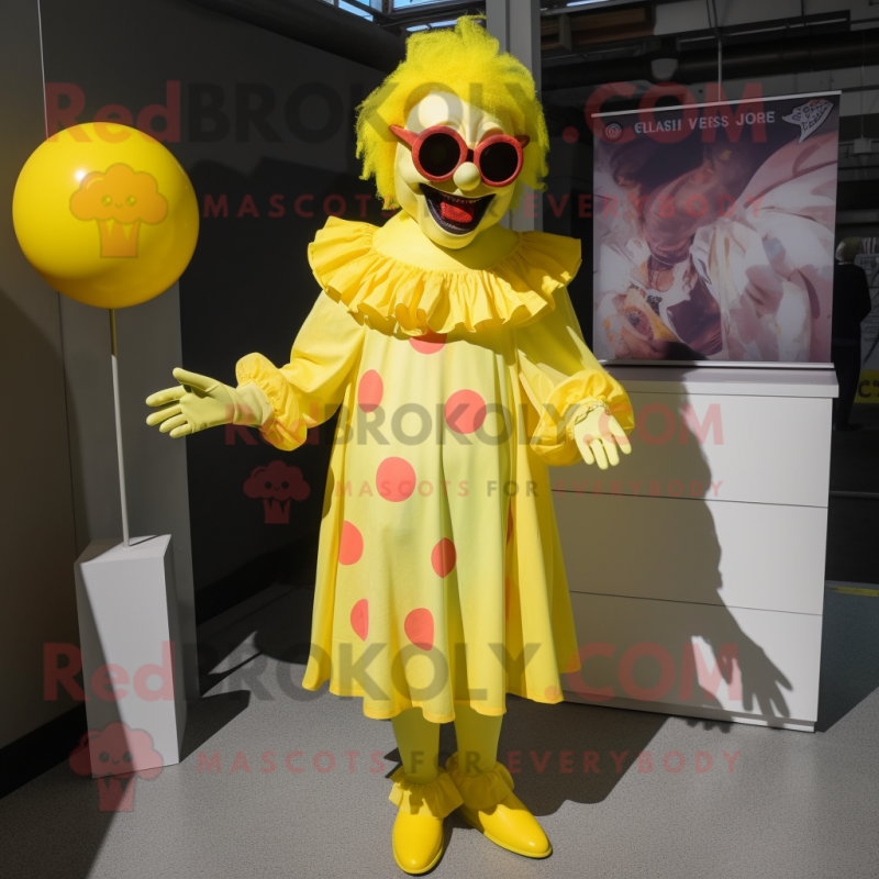 Lemon Yellow Evil Clown mascot costume character dressed with a Midi Dress and Sunglasses Lemon Yellow Evil Clown mascot costume character dressed with a Midi Dress and Sunglasses