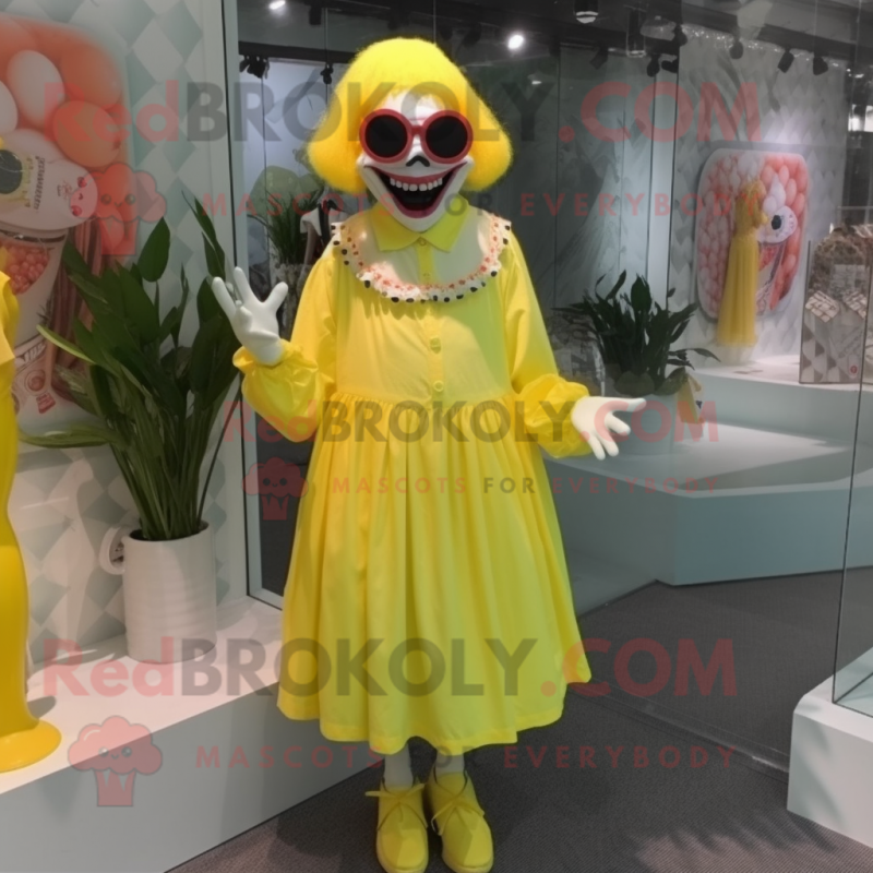 Lemon Yellow Evil Clown mascot costume character dressed with a Midi Dress and Sunglasses