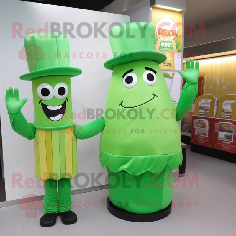 Green French Fries mascot costume character dressed with a Blouse and Hats Green French Fries mascot costume character dressed with a Blouse and Hats