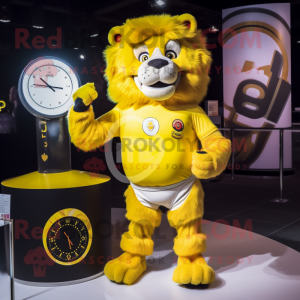 Yellow Tamer Lion mascot costume character dressed with a T-Shirt and Digital watches