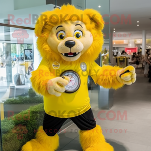 Yellow Tamer Lion mascot costume character dressed with a T-Shirt and Digital watches