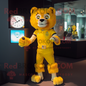 Yellow Tamer Lion mascot costume character dressed with a T-Shirt and Digital watches