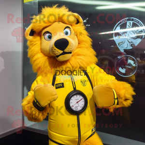 Yellow Tamer Lion mascot costume character dressed with a T-Shirt and Digital watches