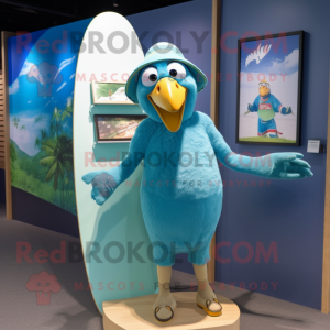 Cyan Parrot mascot costume character dressed with a Board Shorts and Berets