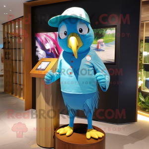 Cyan Parrot mascot costume character dressed with a Board Shorts and Berets