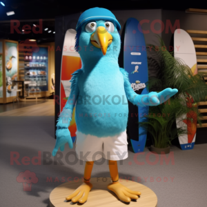 Cyan Parrot mascot costume character dressed with a Board Shorts and Berets