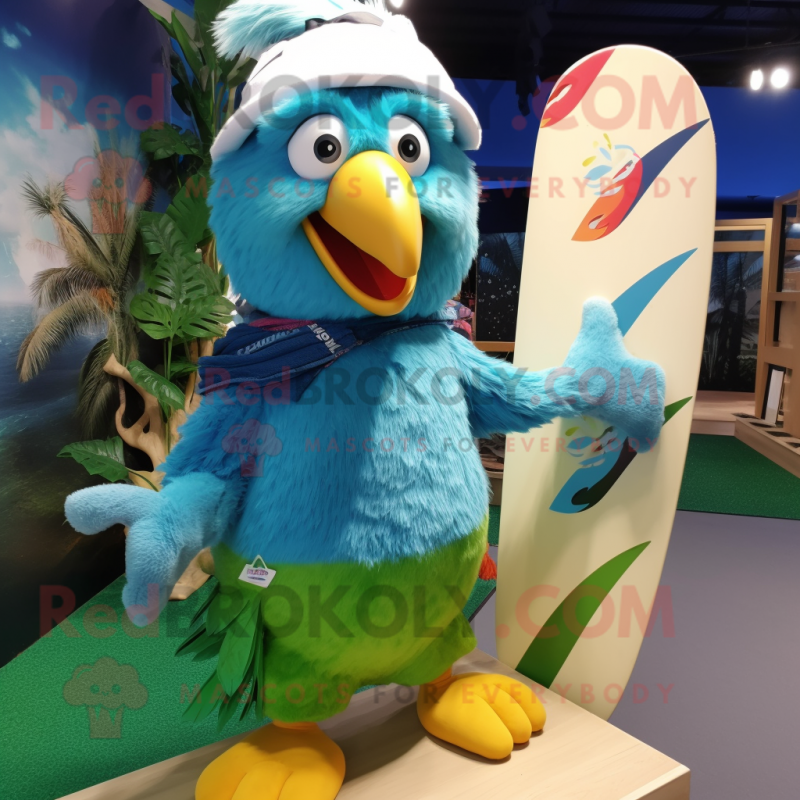 Cyan Parrot mascot costume character dressed with a Board Shorts and Berets