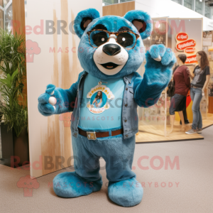 Sky Blue Spectacled Bear mascot costume character dressed with a Mom Jeans and Necklaces