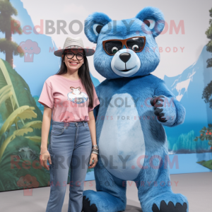 Sky Blue Spectacled Bear mascot costume character dressed with a Mom Jeans and Necklaces