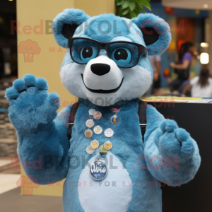 Sky Blue Spectacled Bear mascot costume character dressed with a Mom Jeans and Necklaces