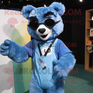 Sky Blue Spectacled Bear mascot costume character dressed with a Mom Jeans and Necklaces