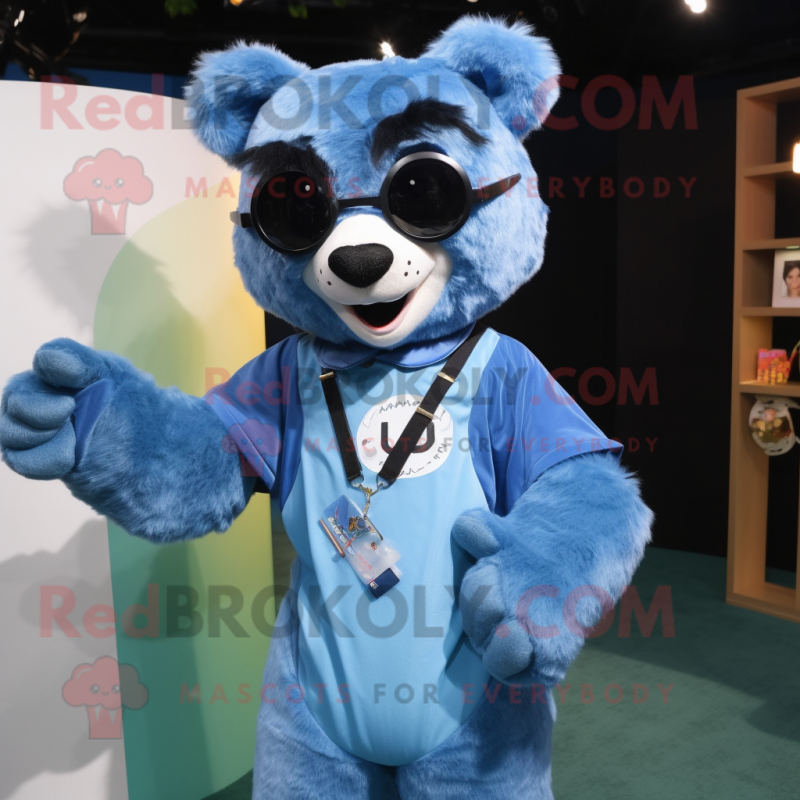 Sky Blue Spectacled Bear mascot costume character dressed with a Mom Jeans and Necklaces