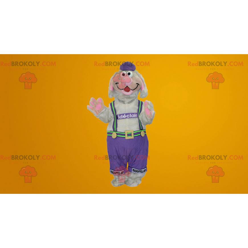 Mascote cachorro cinza e rosa de macacão - Redbrokoly.com Mascote cachorro cinza e rosa de macacão - Redbrokoly.com