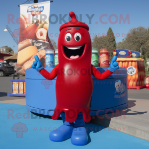 Blue Bottle Of Ketchup mascot costume character dressed with a Jumpsuit and Scarves