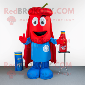 Blue Bottle Of Ketchup mascot costume character dressed with a Jumpsuit and Scarves