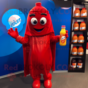 Blue Bottle Of Ketchup mascot costume character dressed with a Jumpsuit and Scarves