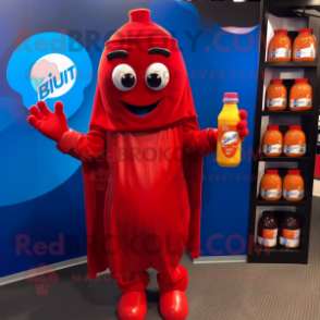 Blue Bottle Of Ketchup mascot costume character dressed with a Jumpsuit and Scarves