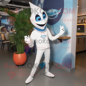 White Swordfish mascot costume character dressed with a Skinny Jeans and Foot pads
