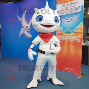 White Swordfish mascot costume character dressed with a Skinny Jeans and Foot pads