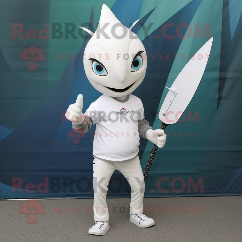 White Swordfish mascot costume character dressed with a Skinny Jeans and Foot pads White Swordfish mascot costume character dressed with a Skinny Jeans and Foot pads