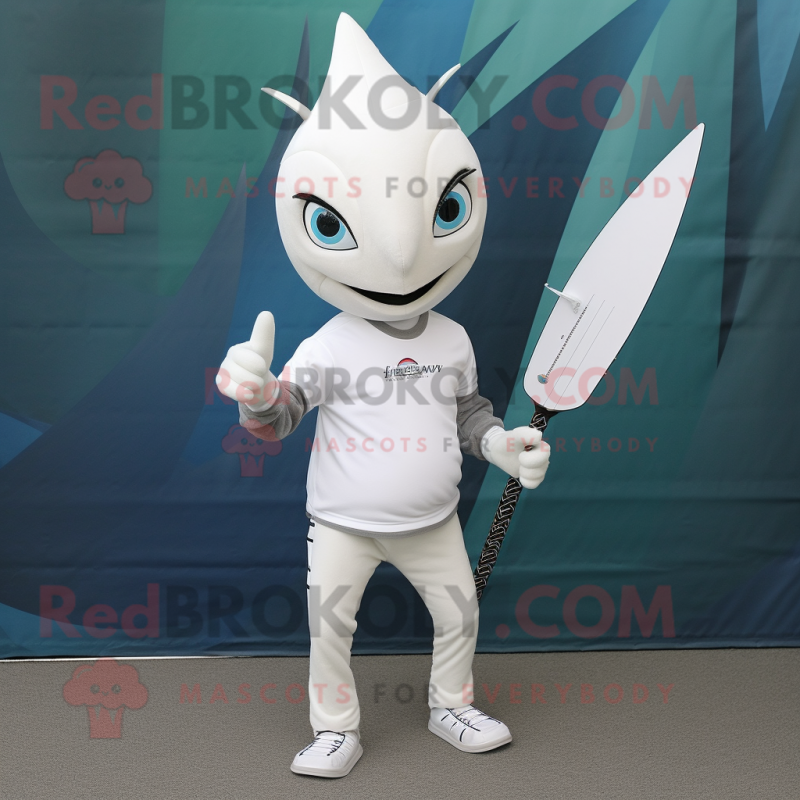 White Swordfish mascot costume character dressed with a Skinny Jeans and Foot pads