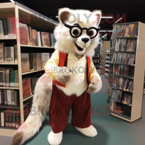 Cream Marten mascot costume character dressed with a Corduroy Pants and Reading glasses