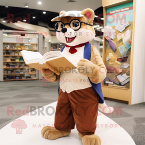 Cream Marten mascot costume character dressed with a Corduroy Pants and Reading glasses