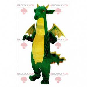 Mascote dragão verde e amarelo, fantasia de dinossauro -