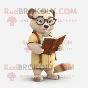 Cream Marten mascot costume character dressed with a Corduroy Pants and Reading glasses