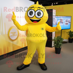 Yellow Pho mascot costume character dressed with a Jumpsuit and Ties