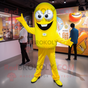 Yellow Pho mascot costume character dressed with a Jumpsuit and Ties