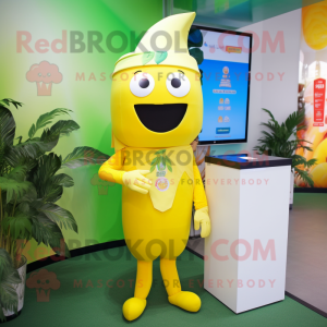 Yellow Pho mascot costume character dressed with a Jumpsuit and Ties