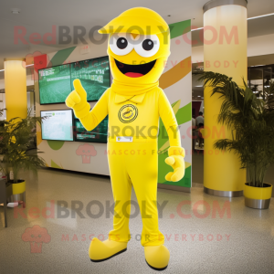 Yellow Pho mascot costume character dressed with a Jumpsuit and Ties