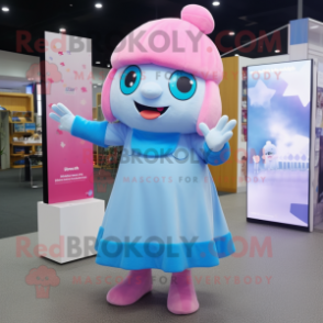 Sky Blue Pink mascot costume character dressed with a Midi Dress and Beanies