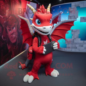 Red Dragon mascot costume character dressed with a Joggers and Backpacks