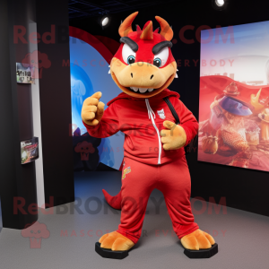 Red Dragon mascot costume character dressed with a Joggers and Backpacks