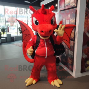 Red Dragon mascot costume character dressed with a Joggers and Backpacks