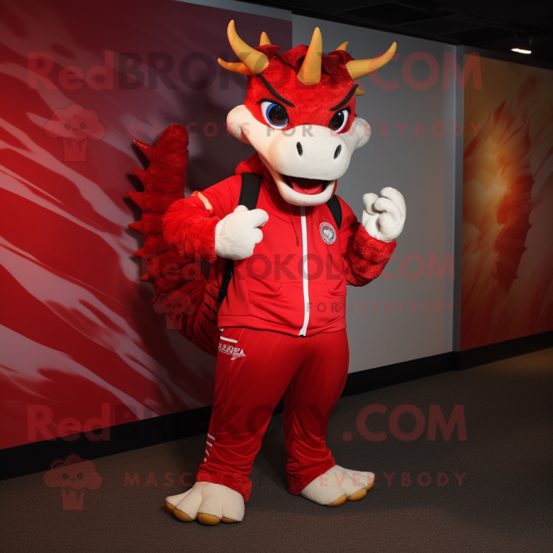 Red Dragon mascot costume character dressed with a Joggers and Backpacks Red Dragon mascot costume character dressed with a Joggers and Backpacks