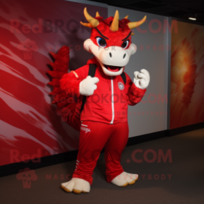 Red Dragon mascot costume character dressed with a Joggers and Backpacks