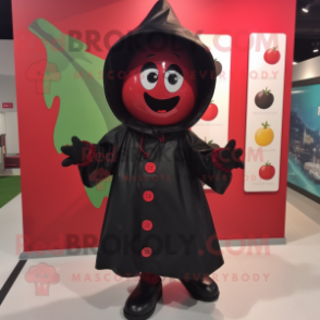 Black Cherry mascot costume character dressed with a Raincoat and Shoe laces