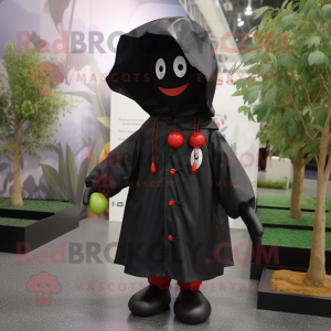 Black Cherry mascot costume character dressed with a Raincoat and Shoe laces