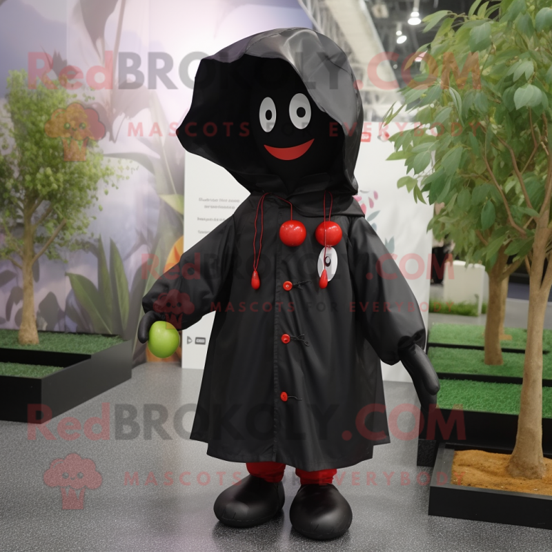 Black Cherry mascot costume character dressed with a Raincoat and Shoe laces