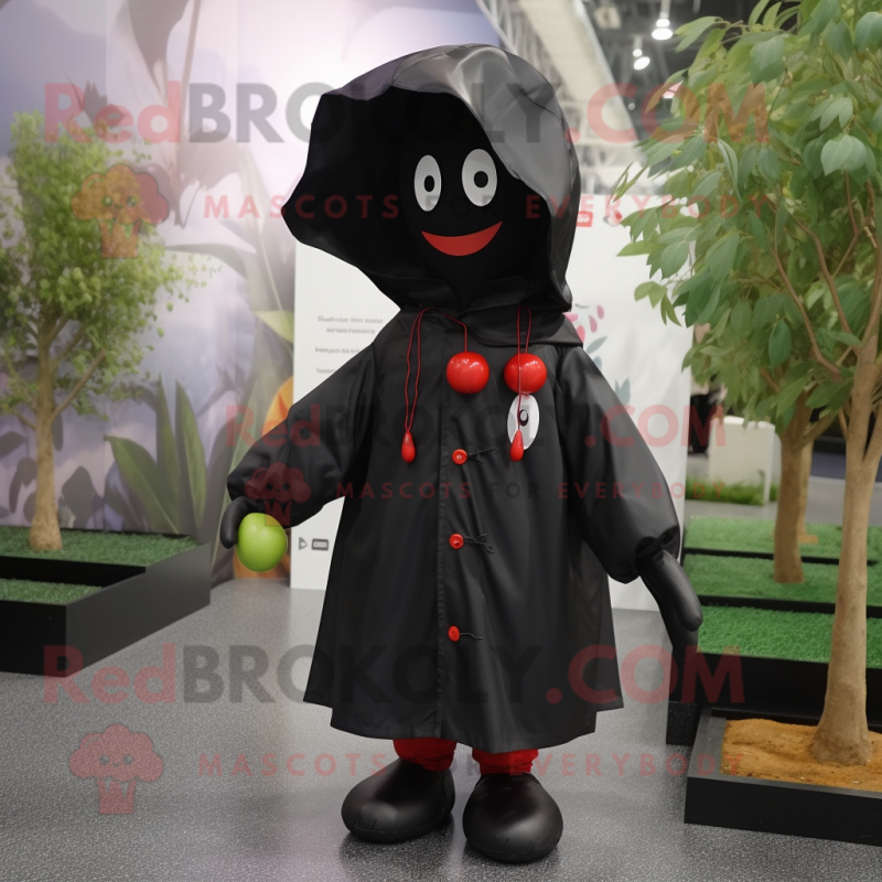 Black Cherry mascot costume character dressed with a Raincoat and Shoe laces Black Cherry mascot costume character dressed with a Raincoat and Shoe laces